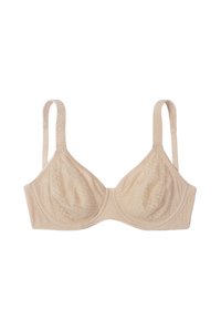 Beige lace bra with a textured diamond pattern, adjustable straps, and a classic design featuring underwire for support.
