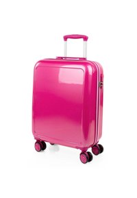Maleta rígida rosa con acabado brillante, mango retráctil y cuatro ruedas para facilitar su movilidad. Sin patrones visibles ni detalles de hardware.