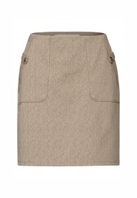 Jupe en tweed beige avec une texture lisse, deux poches avant et des accents de boutons sur les côtés. Design simple à coupe droite.
