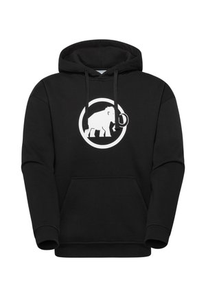 Schwarzer Hoodie mit einem weißen stilisierten Mammut in einem Kreis auf der Brust, ausgestattet mit einer Fronttasche und schwarzen Kordeln an der Kapuze.