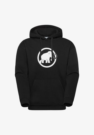 Schwarzer Hoodie mit einem weißen stilisierten Mammut in einem Kreis auf der Brust, ausgestattet mit einer Fronttasche und schwarzen Kordeln an der Kapuze.