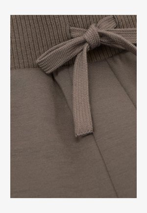 Pantaloni maro cu talie înaltă, largi, prevăzuți cu o bandă din material striat și o fundă din același material. Textură netedă, culoare uniformă. Croială lejeră în ansamblu.