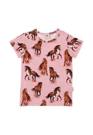 Pink short-sleeve t-shirt with multiple brown and white horses galloping printed all over the fabric.