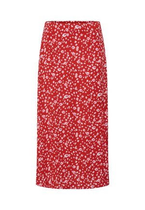 Punane midi seelik väikese roosa ja valge lillemustriga, sirge lõike ja vöörihmaga.