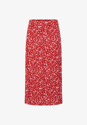 Punane midi seelik väikese roosa ja valge lillemustriga, sirge lõike ja vöörihmaga.