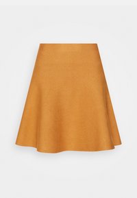 Une jupe évasée jaune moutarde en tissu lisse, dotée d'une taille haute et d'un ourlet arrivant au genou.