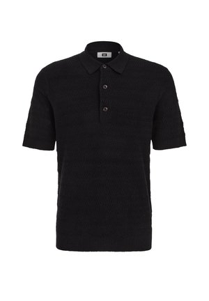 Zwart gebreid poloshirt met korte mouwen, getextureerd zigzagpatroon en drie knopen aan de voorplacket.