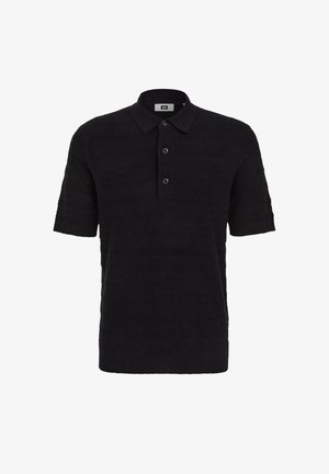 Zwart gebreid poloshirt met korte mouwen, getextureerd zigzagpatroon en drie knopen aan de voorplacket.