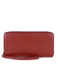 Portafoglio rosso in pelle con una superficie liscia, chiusura a zip e un cinturino da polso. Presenta un marchio impresso sulla parte anteriore.