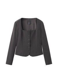Giacca fitted grigia scura con maniche lunghe, scollo squadrato e sei bottoni frontali. Realizzata in tessuto liscio con cuciture pulite.