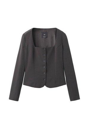 Giacca fitted grigia scura con maniche lunghe, scollo squadrato e sei bottoni frontali. Realizzata in tessuto liscio con cuciture pulite.