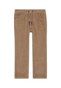 Bruine corduroy broek met een ribbelstructuur, elastische tailleband en trekkoordsluiting; heeft voorzakken en een recht model.