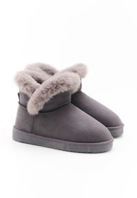 Botas tobilleras grises hechas de suave ante con un cuello de piel sintética de color gris claro y una suela de goma plana. Textura suave, diseño de punta redonda.