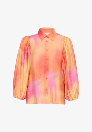 Marškiniai su apykakle, su oranžinės ir rožinės spalvų gradientu, tekstūruota medžiaga ir pūstomis ilgomis rankovėmis.