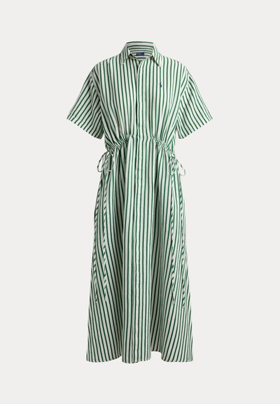 Vestido midi de rayas verticales verdes y blancas, con mangas cortas, cuello, cierre de botones en la parte delantera y cintura ajustable con cordón.