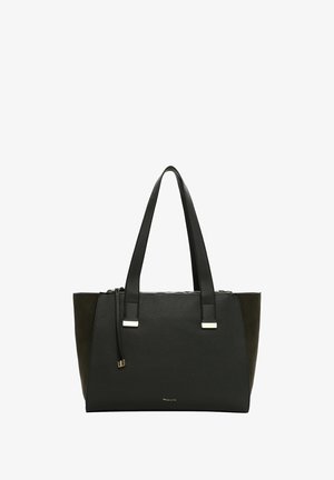 Schwarze Leder-Tote mit doppelten Schulterriemen, Reißverschluss und subtilen goldfarbenen Details auf der Vorderseite und den Riemenenden.