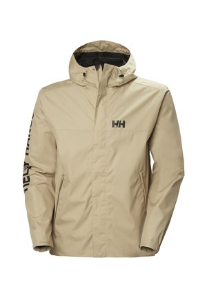 Chaqueta impermeable beige con capucha, cremallera frontal cubierta por solapa, bolsillos laterales con cremallera, puños elásticos y logo HH en el pecho y la manga.