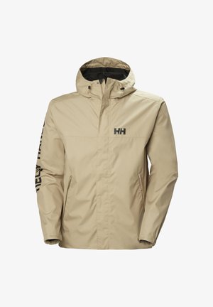 Chaqueta impermeable beige con capucha, cremallera frontal cubierta por solapa, bolsillos laterales con cremallera, puños elásticos y logo HH en el pecho y la manga.