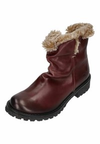 Burgunderfarbenes Leder-Knubbschuh mit plüschigem beigem Kunstfellbesatz, lässigem Design, runder Zehenform und strukturiertem schwarzen Gummisohle.