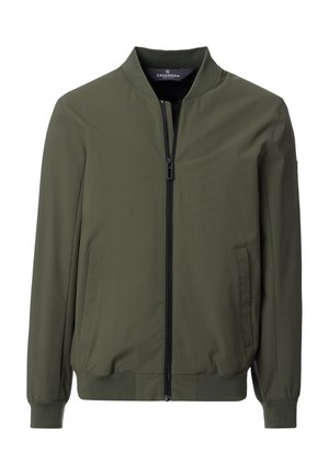 Olivgrüne lässige Bomberjacke mit Frontreißverschluss, geripptem Kragen, Bündchen, Saum und zwei Seitentaschen.