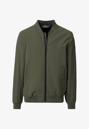 Olivgrüne lässige Bomberjacke mit Frontreißverschluss, geripptem Kragen, Bündchen, Saum und zwei Seitentaschen.