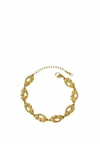 Pulsera de oro con un intrincado diseño similar al encaje y formas redondeadas. Incluye un cierre de cadena para ajustar la longitud. El acabado texturizado realza los detalles.