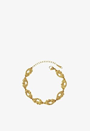 Pulsera de oro con un intrincado diseño similar al encaje y formas redondeadas. Incluye un cierre de cadena para ajustar la longitud. El acabado texturizado realza los detalles.