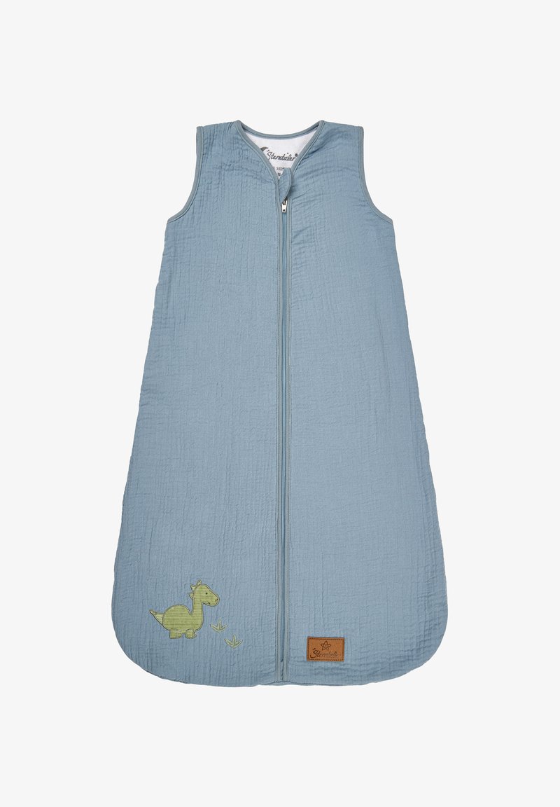 Helles blaues Schlafsack aus strukturiertem Stoff, mit einem Frontreißverschluss und einer grünen Dinosaurier-Applikation mit Blattakzenten.