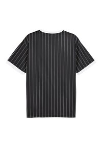 Tricou negru cu mânecă scurtă, cu dungi verticale albe și guler rotund alb. Textură de material neted, fit lejer.