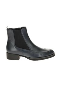 Donkerblauwe leren enkelboot met elastische zijpanelen, een ronde neus, platte hak en een trekflap aan de achterkant voor gemakkelijk aan- en uittrekken.