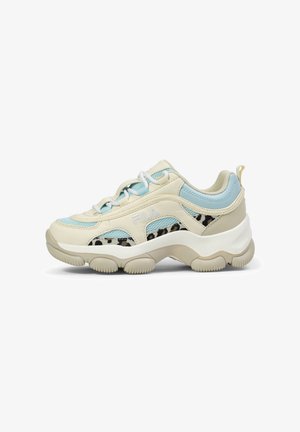 Light blue and cream sneakers featuring a textured finish, mesh panels, subtle leopard print detailing, and a chunky, ridged sole.