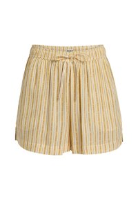 Shorts galbene cu dungi verticale în crem și maro, dotate cu un elastic la talie și un șnur pentru ajustabilitate. Textură din material moale.