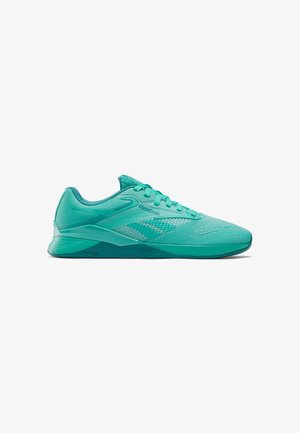 Chaussure de sport Reebok bleu sarcelle avec tige en mesh, fermeture à lacets et semelle rembourrée conçue pour le cross-training et les activités de fitness.