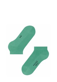 Zielone bawełniane skarpetki sięgające kostek z prążkowanym mankietem, oznaczone napisem 'FALKE FAMILY' oraz rozmiarem '35-38' z boku, o gładkiej fakturze.