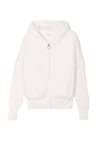 Weißer Reißverschluss-Hoodie aus strukturiertem Stoff, mit Kapuze, zwei Fronttaschen und einem Reißverschluss mit silberner Zuglasche.