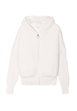 Haut à zip blanc en tissu texturé, avec une capuche, deux poches avant et une fermeture éclair avec tirette en anneau argenté.