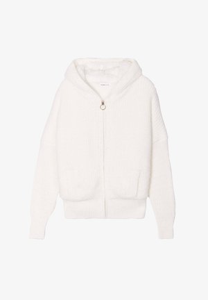 Hvid zip-hoodie lavet af tekstureret stof, med en hætte, to frontlommer og en sølvring til lynlåsen.