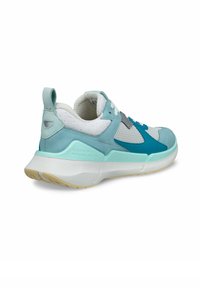 Athletisk sneaker med ett ovandel i mesh i ljusblått och vitt, med teal-detaljer, en vadderad sula och en dragflik vid hälen.