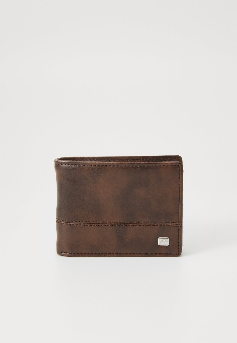 Brown leather wallet with a smooth texture, featuring a horizontal stitch pattern and a small silver logo on the lower right corner.