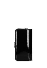 Portafoglio in pelle verniciata nera, chiusura con zip, forma rettangolare. Texture liscia, design minimale, con cuciture tonali e profilo sottile.