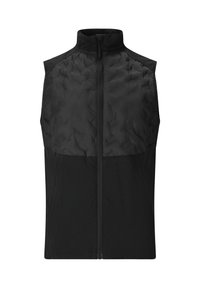 Gilet nero senza maniche con colletto alto, caratterizzato da una parte superiore texturizzata e una parte inferiore liscia, chiuso con una zip centrale.