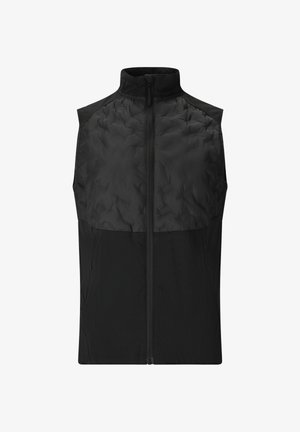 Schwarze ärmellose Weste mit hohem Kragen, bestehend aus einem strukturierten oberen Abschnitt und einem glatten unteren Abschnitt, die mit einem mittigen Reißverschluss geschlossen wird.