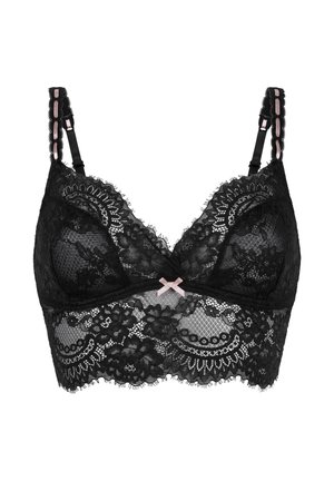 Bralette en dentelle noire avec des bonnets triangulaires, des motifs floraux détaillés et un nœud en satin rose au centre. Bretelles réglables incluses.