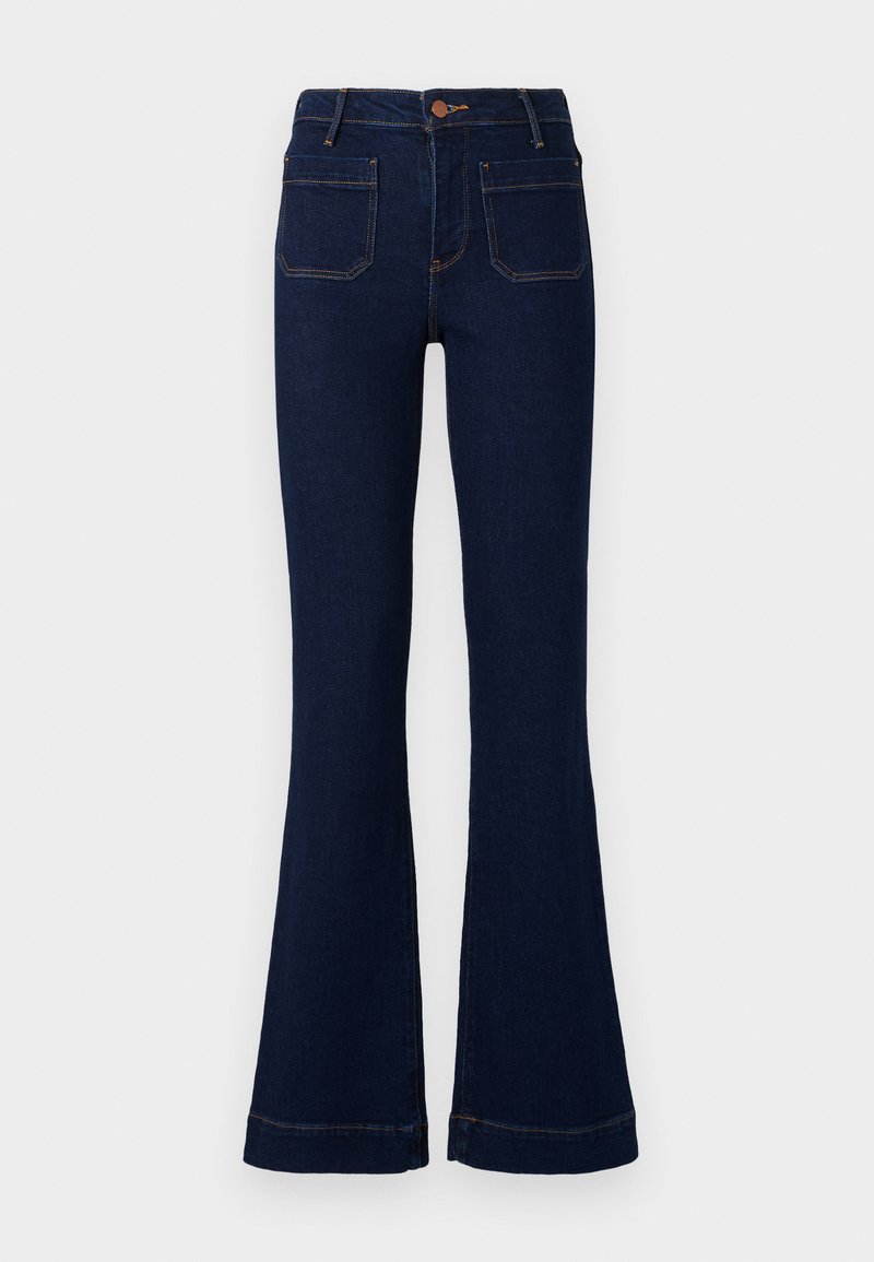 Donkerblauwe flared jeans met een hoge taille, vijf zakken en contrasterende stiksels. Gemaakt van denimstof met een soepele textuur.