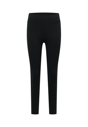 Svarta leggings gjorda av stretchigt tyg, med hög midja, smal passform och en slät yta. Inga synliga mönster eller metalldetaljer.