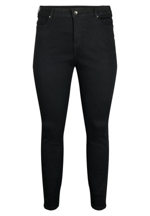 Svarta smala jeans tillverkade av en blandning av bomull med en slät textur; har en frontknäppning och femfickorsdesign.