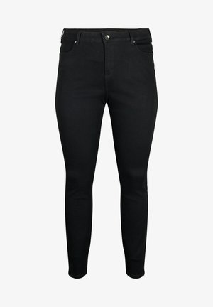 Czarne skinny jeans wykonane z tkaniny z mieszanki bawełny o gładkiej fakturze; posiadają zapięcie na guzik z przodu oraz pięć kieszeni.