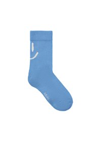 Kék pamut zokni fehér mosolygó arc mintával. Bordás szegély, sima textúra, és kissé megerősített lábujjrésze van.