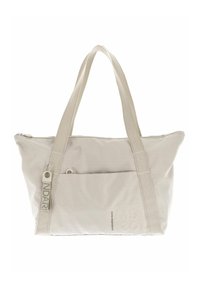 Borsa a tracolla in tessuto beige con chiusura a zip, dotata di due manici, una tasca frontale e dettaglio del logo in rilievo. Superficie testurizzata, design minimalista.
