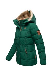 Green puffer jacket with a fur-lined hood, horizontal quilting, side pockets, and brown accents, including a brand patch on the sleeve.